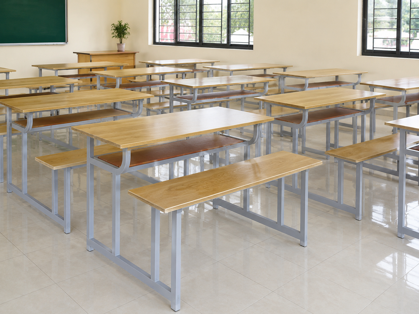 Ảnh thực tế Bộ Bàn Ghế Học Sinh Liền Ghế Gỗ Cao Su Ghép Thanh HN605